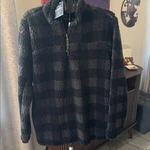 Mens Cozy Alpine Sherpa Pullover Checkered Black Gray Large with Pockets NWT